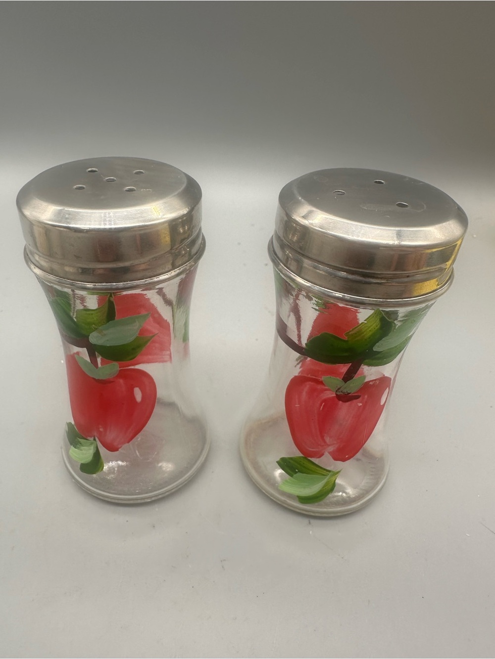 Apple Red Hand-Painted Apple Glass Salt and Pepper Shaker Set with Silver Lids